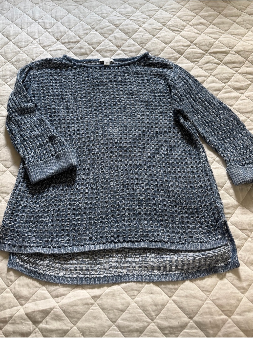 J. Jill Blue & White Open-Weave Crewneck Sweater 3/4 length sleeves